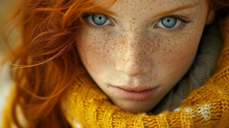 Stunning redhead with captivating blue eyes and freckles on pastel background for advertisingの素材
