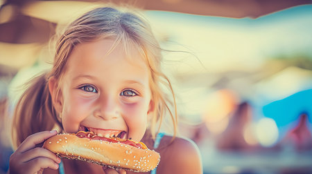 Happy preteen enjoying hot dogs in a restaurant with blurred background and copy spaceの素材