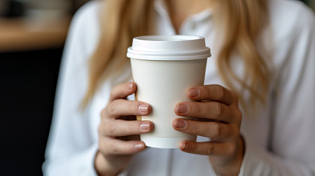 Close up of a student woman s hand holding an empty coffee to go paper cup with a stylish designの素材