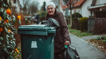Joyful senior citizen removing garbage bag from home trash can in a clean and tidy environmentの素材