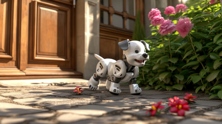 Domestic smart robot dog standing at home entrancewhite small puppy technology animal.の素材