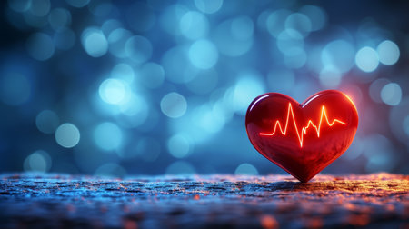 Digital drawing of heartbeat chart with heart symbol on clinic magical blurred defocused backgroundの素材