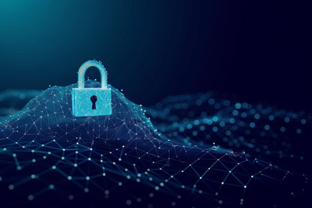 Secure end to end encryption data stream connection icon with dynamic compositions and copy spaceの素材