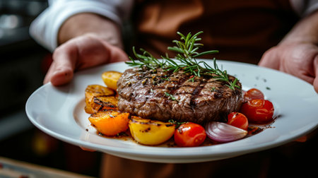 Professional chef in restaurant kitchen cooking beef steak with vegetable decorationの素材