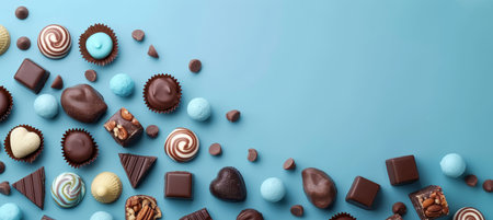 Close up view of beautiful chocolate candies on pastel gradient background with copy space for textの素材