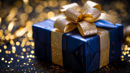Elegant navy gold gift box with satin ribbon on black background, perfect for special occasions.の素材