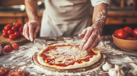 Professional chef cooking delicious pizza with fresh ingredients in modern restaurant kitchenの素材