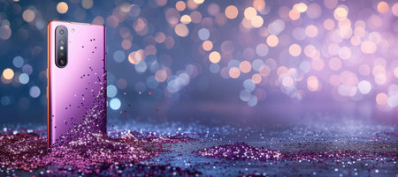 Smartphone back camera on dark blurred background, gradient light, close up view with text spaceの素材