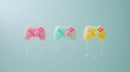 Floating gamepads on pastel background, perfect for gaming and e sports concepts with text space.の素材