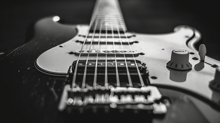 Close up of a czaran electric guitar on black background, music instrument detail shotの素材