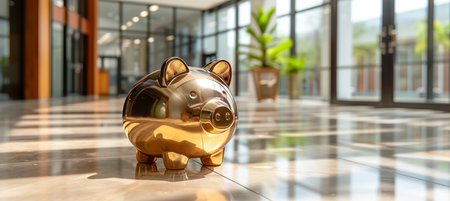 Golden piggy bank on blurred defocused background with copy space for text placementの素材