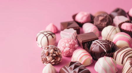 Assorted chocolate candies on pastel gradient background with close up view, beautiful sweetsの素材