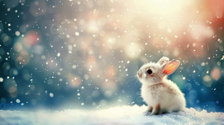 Playful and cute hare in snowy winter forest habitat with defocused natural backgroundの素材