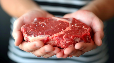 Skilled butcher displaying hands holding a succulent, marbled raw beef steak with red color and fatの素材