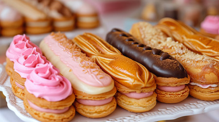 Assorted french eclair desserts in a white plate with various flavors and colorsの素材