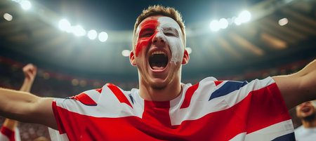 Ecstatic england fan with face painted in flag colors cheering at stadium with blurry backgroundの素材