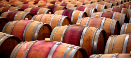 Modern wine cellar with wooden barrels  winery industry environment background for wine productionの素材