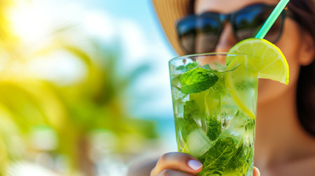 Beautiful woman enjoying a mojito cocktail on a tropical beach on a warm summer day with copy spaceの素材