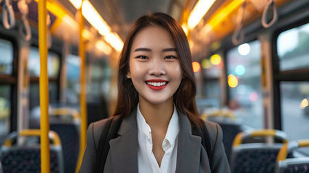 Happy asian businesswoman commuting by bus to reduce air pollution, going to workの素材