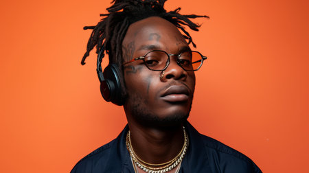 Creative young man wearing high tech glasses and headphones against vibrant backgroundの素材