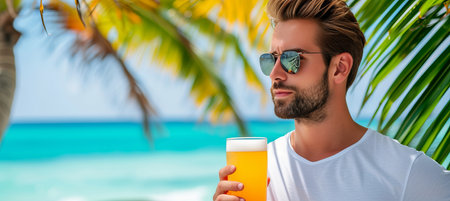 Man enjoying a beer on a paradise beach on a warm sunny summer day with copy spaceの素材