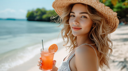 Sunny summer day  beautiful woman with tequila sunrise cocktail on paradise beachの素材