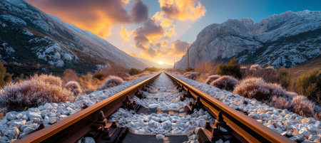 Sunset over railway track with dramatic sky and tree silhouette, scenic landscape photographyの素材