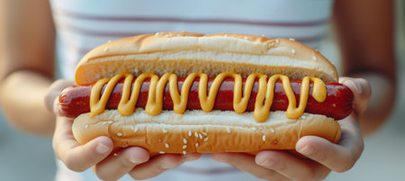 Close up shot of man selling hotdog in busy city street with copy space for textの素材