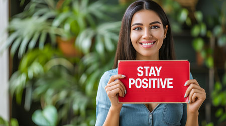 Motivational concept  woman holding  stay positive  sign on abstract blurred background for success.の素材