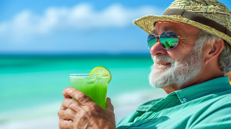 Enjoying a blue hawaiian cocktail on a sunny summer day at a paradise beach, with text space.の素材