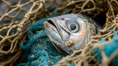 Marine life in peril  fish trapped in fishing net, a consequence of human waste pollutionの素材