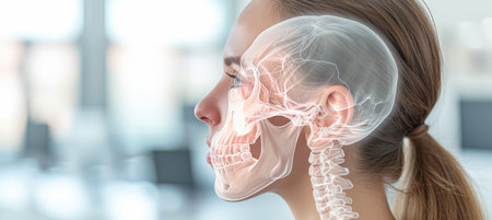 Digital x ray of woman s sinuses   holographic scan projection on blurred background with copy spaceの素材