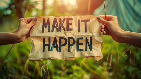 Motivational woman holding sign   make it happen   on blurred background, success conceptの素材