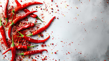 Red chili peppers and powder isolated on white background for spicy culinary recipes conceptの素材