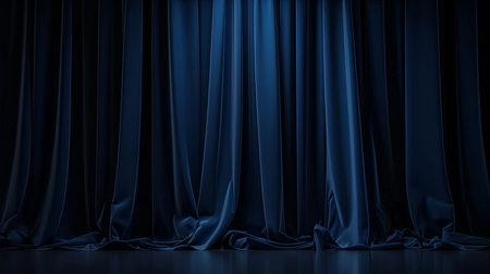 Realistic theater dark blue curtains with spotlight on stage, classic drapery template illustrationの素材
