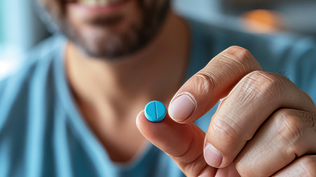 Happy man holding blue pill against blurred background, with space for text placementの素材
