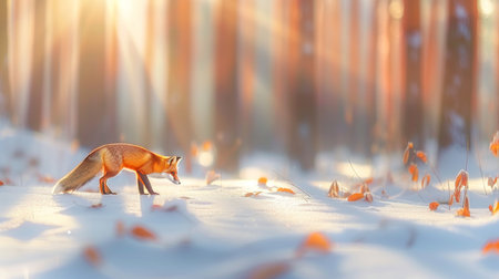 Vibrant red fox in winter forest, beautiful animal in natural habitat on blurred snowy backgroundの素材