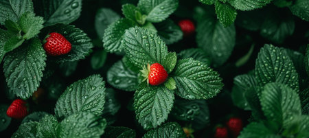 Vivid ripe red strawberries with deep textured detail and green leaves close up viewの素材