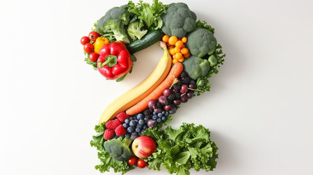 Number 2 made of assorted colorful fruits and vegetables isolated on white backgroundの素材