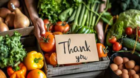 Volunteers holding thank you message over food donation box full of groceries for charityの素材