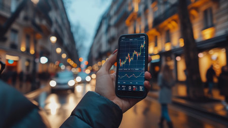 Businessman using stock market app with holographic display for investment concept.の素材
