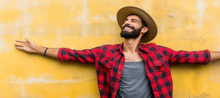 Smiling builder worker in uniform and safety helmet for labour day celebration with copy spaceの素材