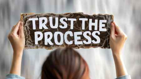 Motivated woman holding sign  trust the process  for success on blurred backgroundの素材