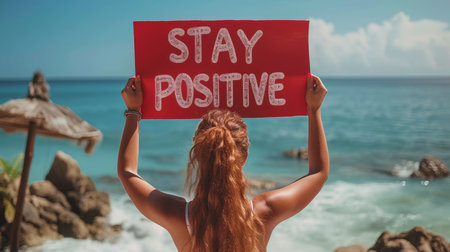 Motivational success concept with woman holding sign saying  stay positive  on blurred background.の素材