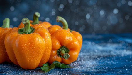 Fresh yellow bell peppers with water drops   vibrant vegetables backdrop for culinary conceptsの素材