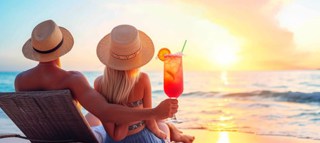 Happy couple enjoying tequila sunrise on stunning beach with ample space for text.の素材