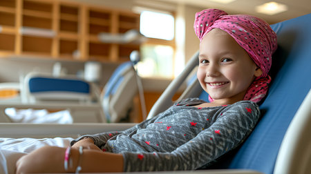 Happy cancer survivor  girl with pink headscarf celebrating recovery after chemotherapyの素材