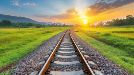 Scenic railway track at sunset with stunning orange sky and silhouetted trees in the backgroundの素材