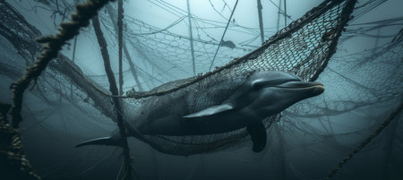 Dolphin caught in fishing net underwater, illustrating impact of human waste on marine lifeの素材