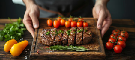 Skilled chef preparing beef steak with vegetables in restaurant kitchen, with text spaceの素材